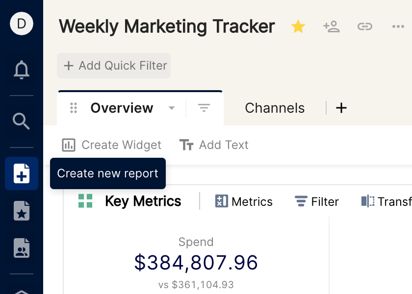 Left sidebar with the Create new report icon and its tooltip