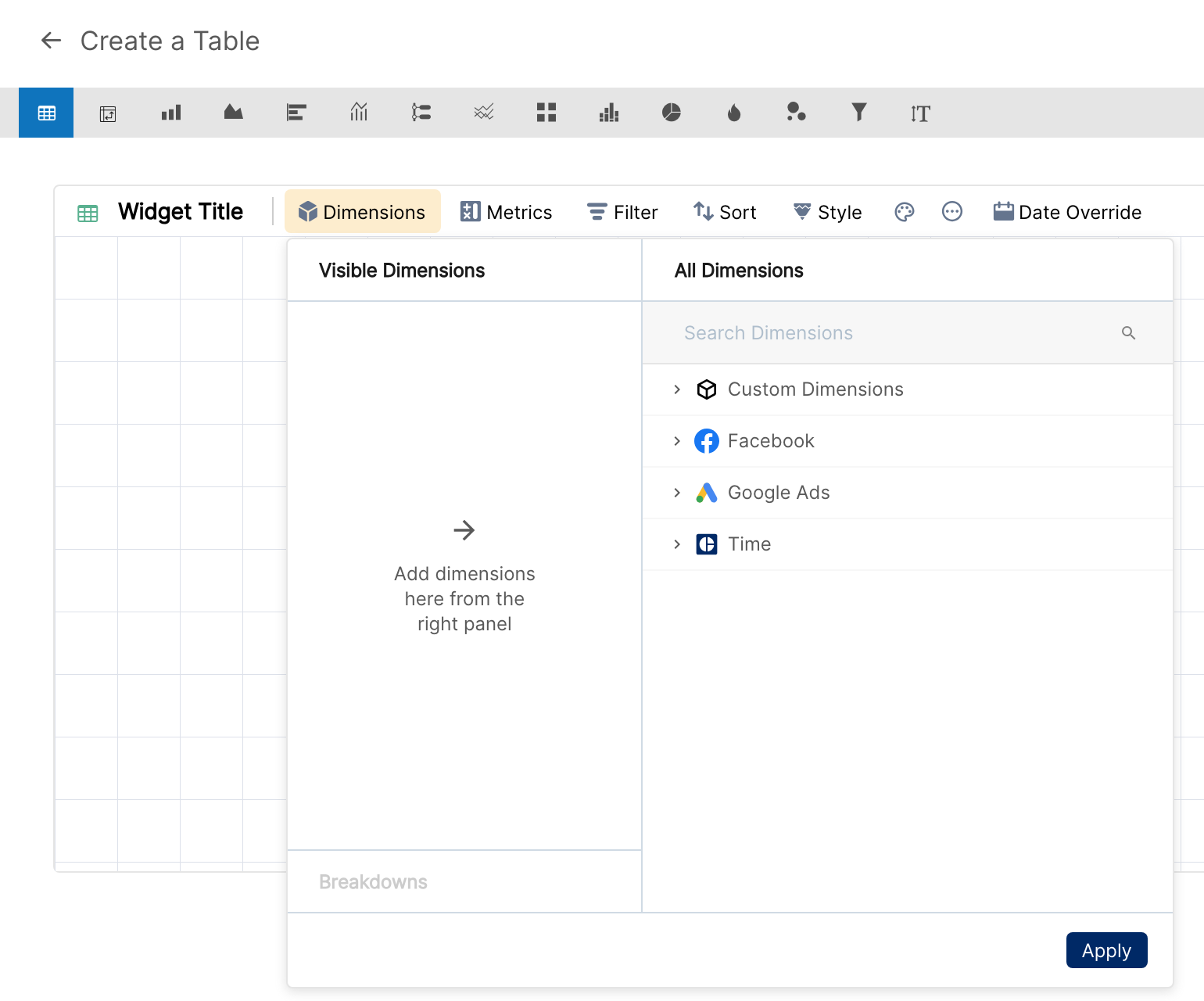 Widget creation view with the Dimensions panel open, showing Visible Dimensions, All Dimensions and Breakdowns