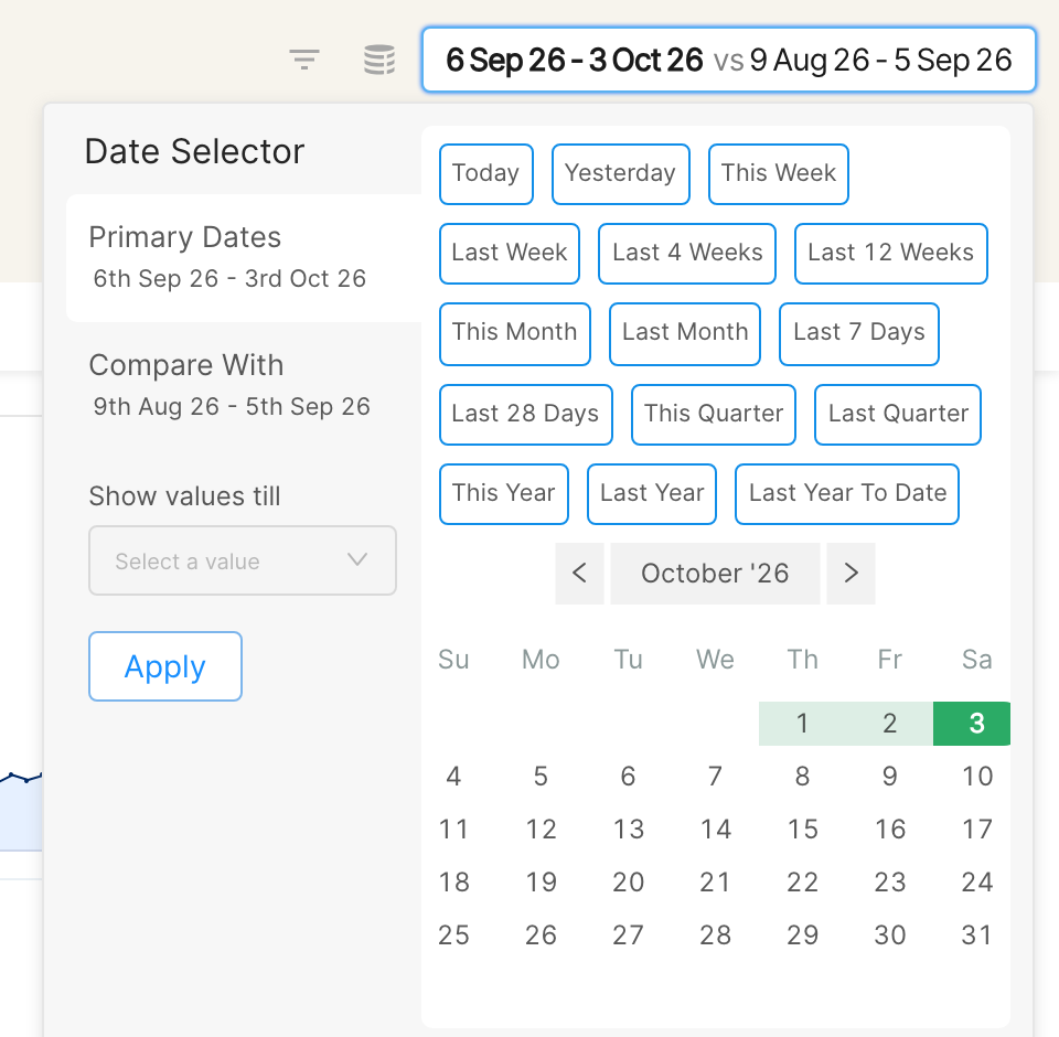 Date Selector with presets, a calendar and the Apply button