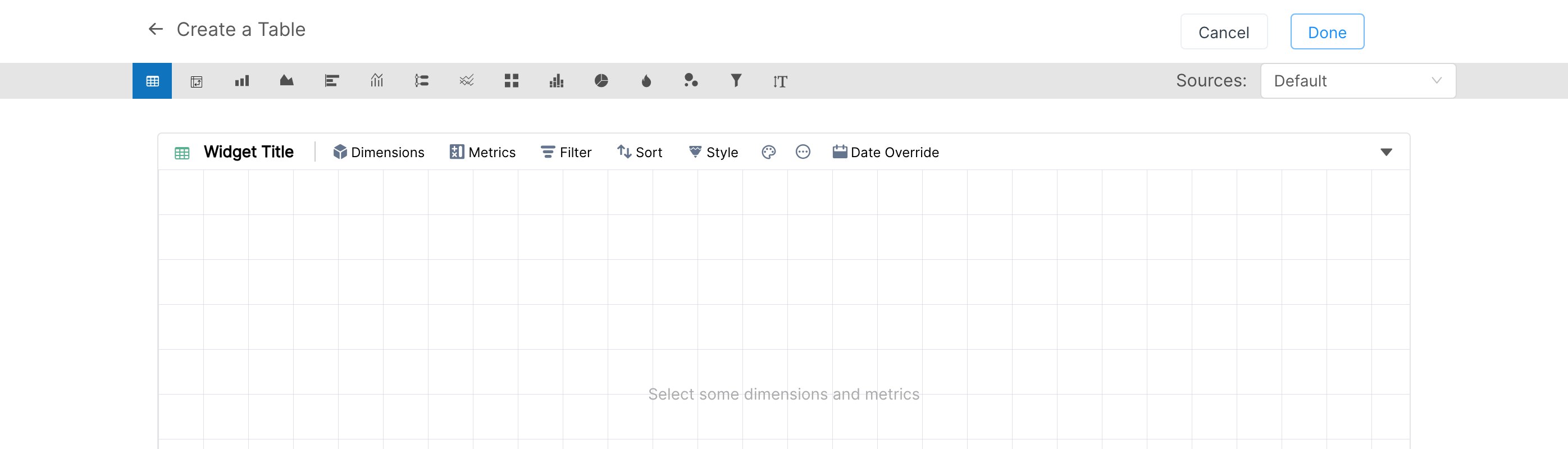Create a Table view with the widget type bar, the widget toolbar, and the Cancel and Done buttons
