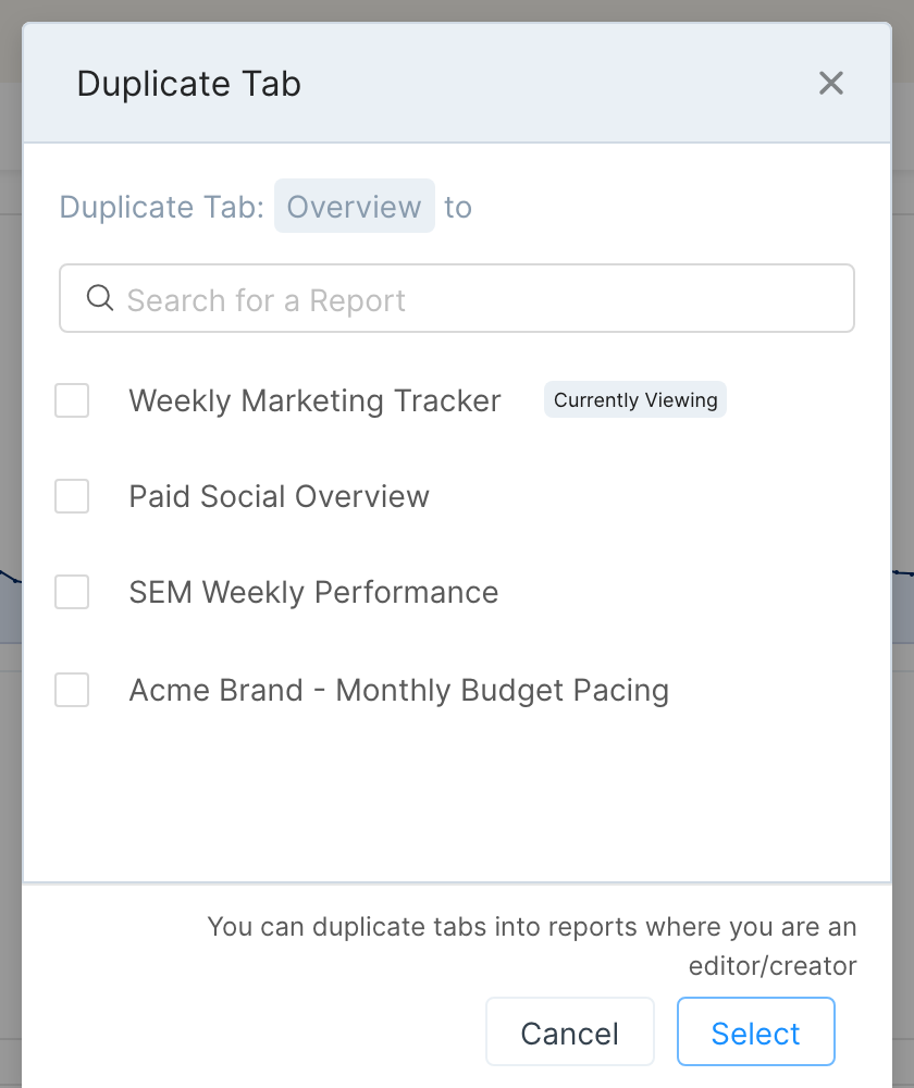 Duplicate Tab dialog listing reports with checkboxes and the Select button
