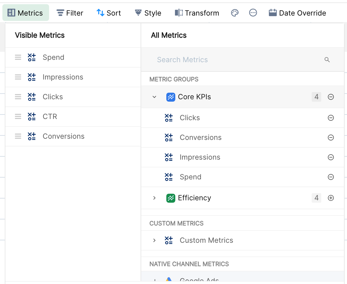 Widget metric selector with the Metric Groups section on top and the Core KPIs group expanded