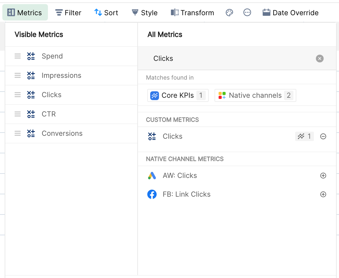 Searching for Clicks in the metric selector, with matches found in Core KPIs and native channels