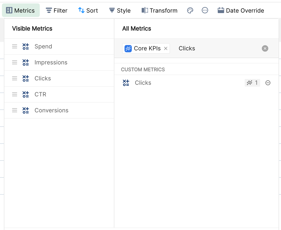 Metric selector search filtered to the Core KPIs group