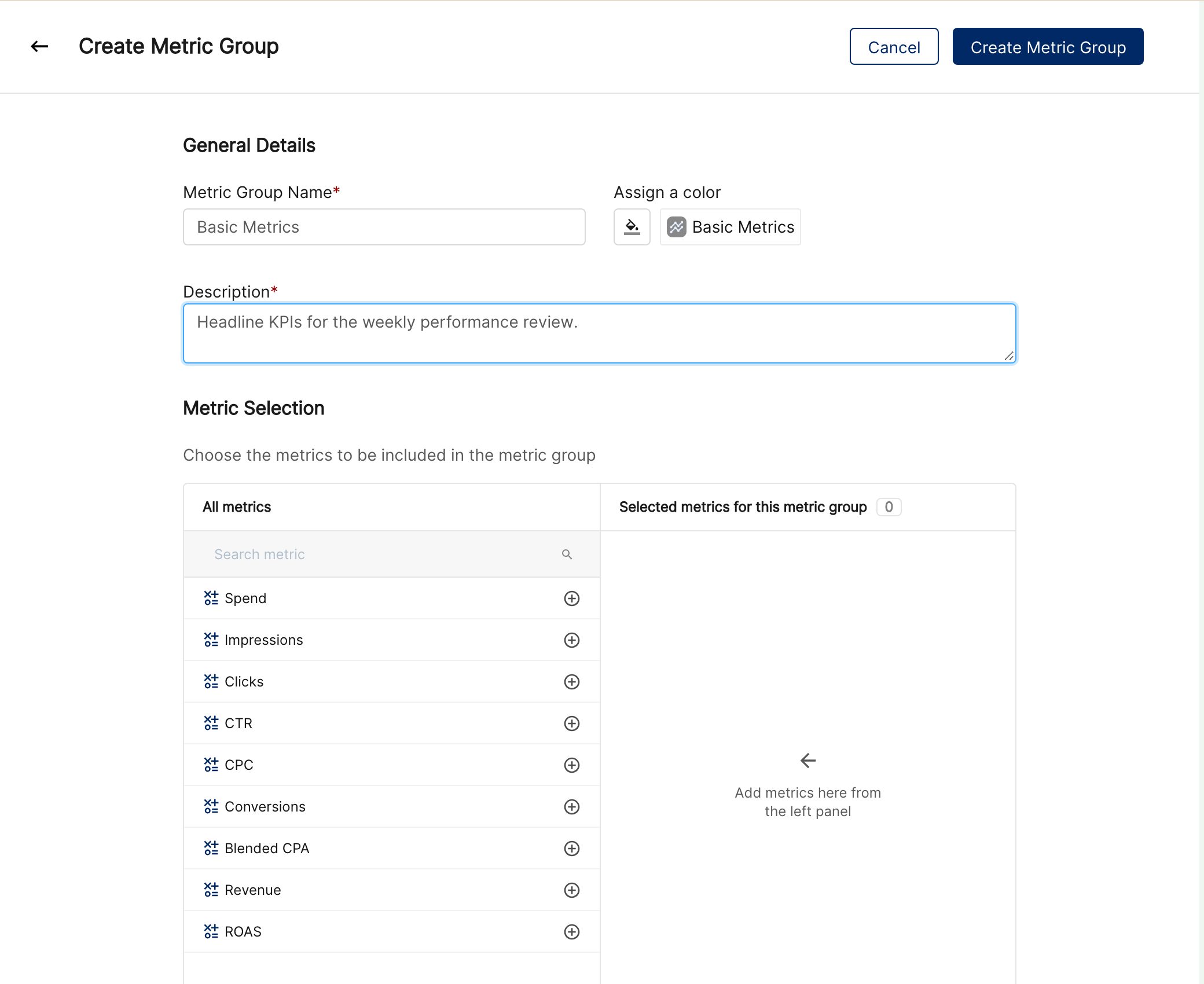 Create Metric Group page with name, color, description and metric selection