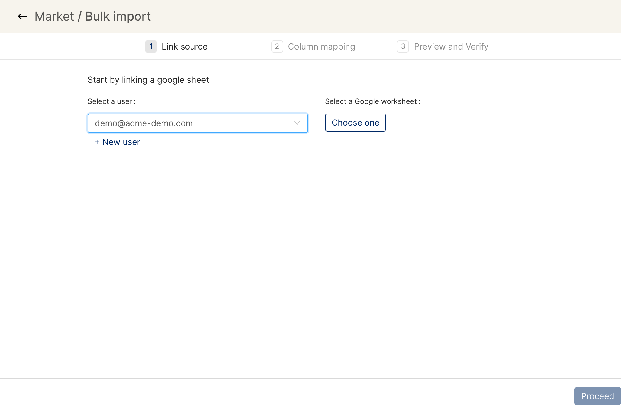 Bulk import Link source step with a Google account selected