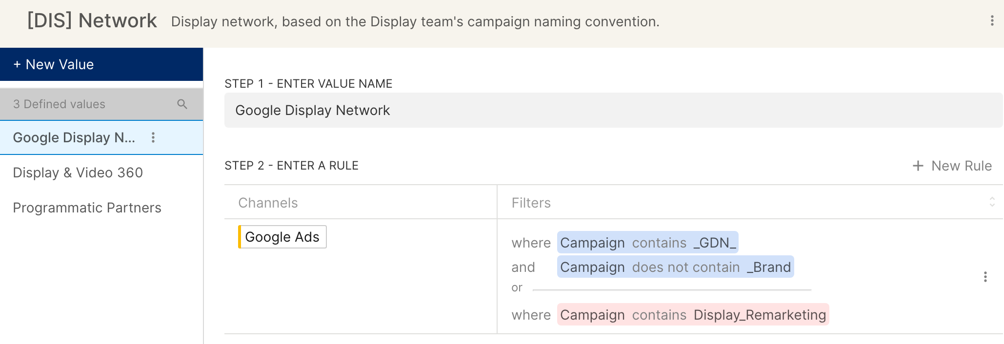 Custom dimension [DIS] Network with rules for the value Google Display Network