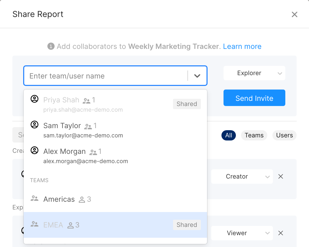 Share Report window with the user list followed by the Teams list