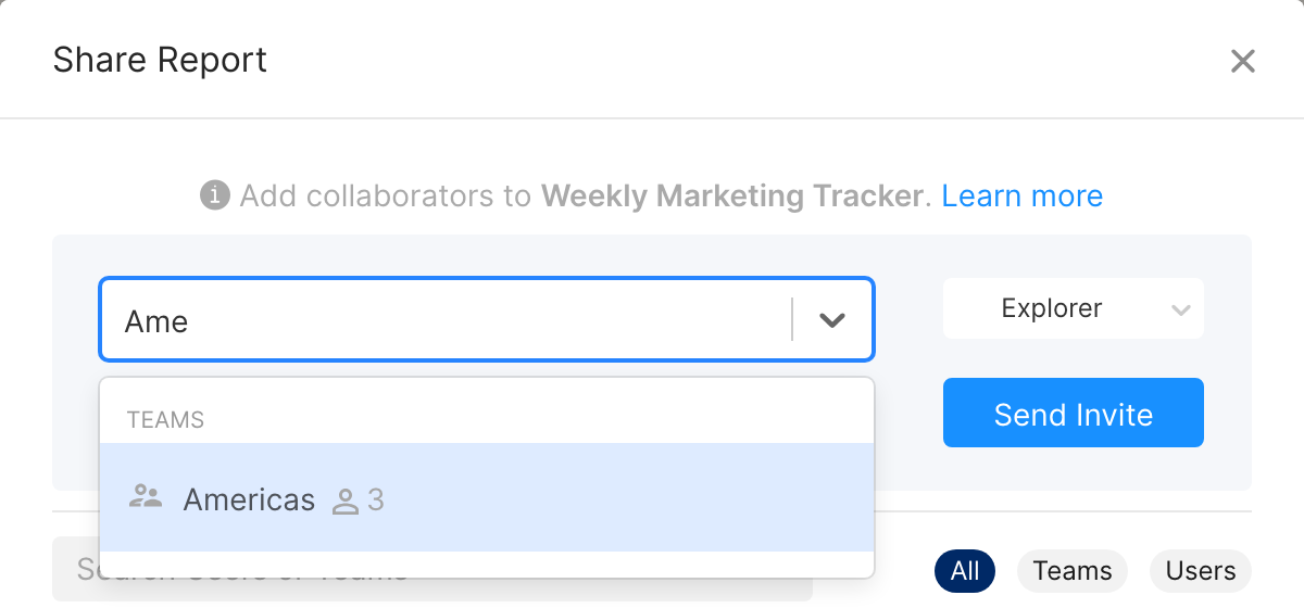 Searching for a team in the Share Report window