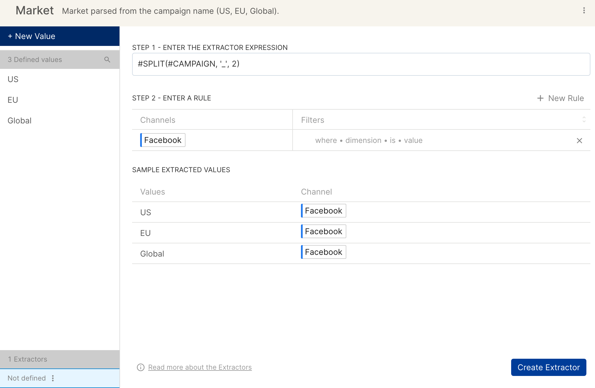 Extractor editor with a SPLIT expression, a Facebook rule, sample extracted values and the Create Extractor button