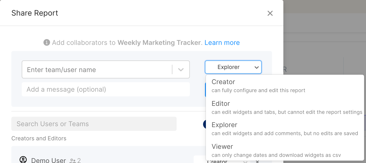 Permission level menu in the Share Report window showing Creator, Editor, Explorer and Viewer