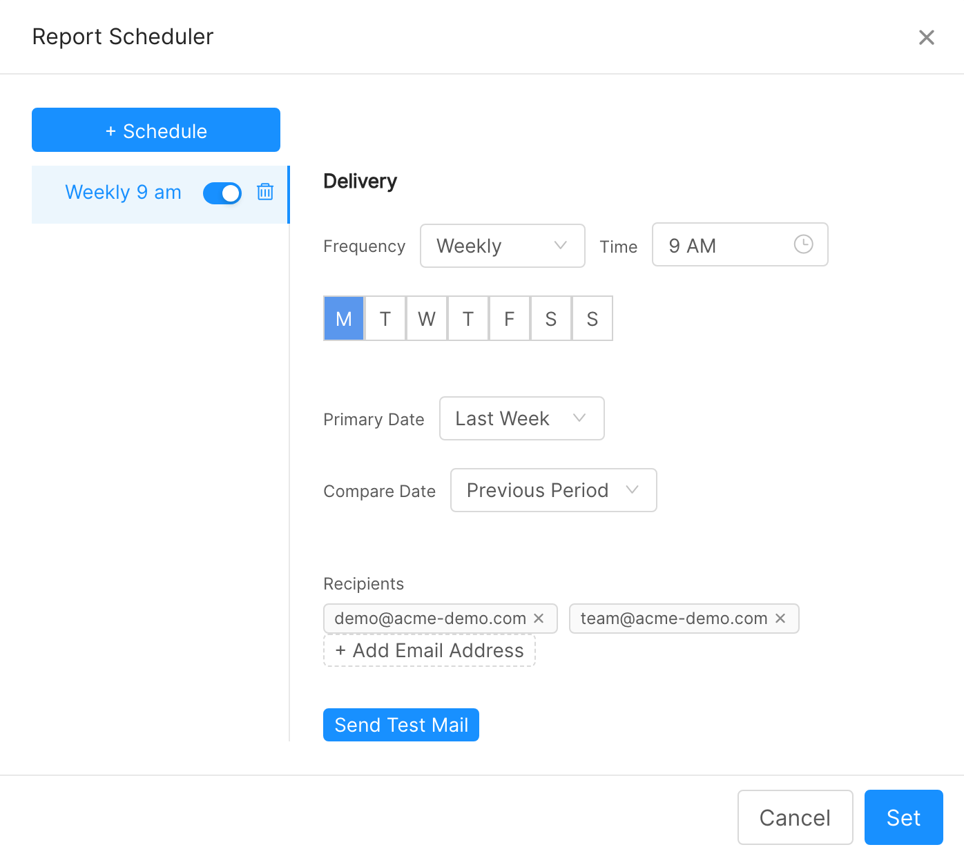 Report Scheduler window with a weekly schedule, date ranges and recipients