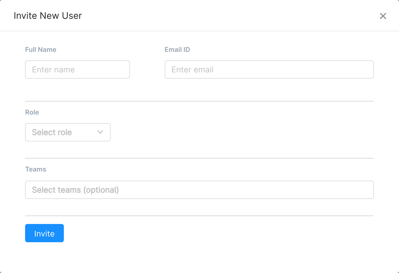 Invite New User form with Full Name, Email ID, Role and Teams fields and an Invite button