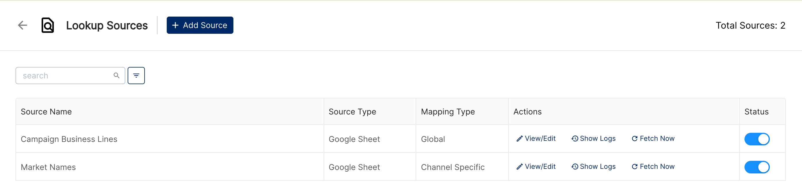 Lookup Sources page listing two sources with their source type, mapping type, actions and status