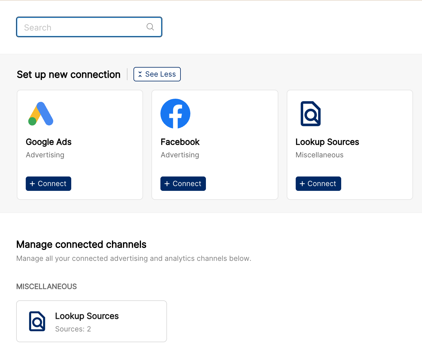 Integrations page showing the Lookup Sources card with a Connect button and the connected Lookup Sources tile