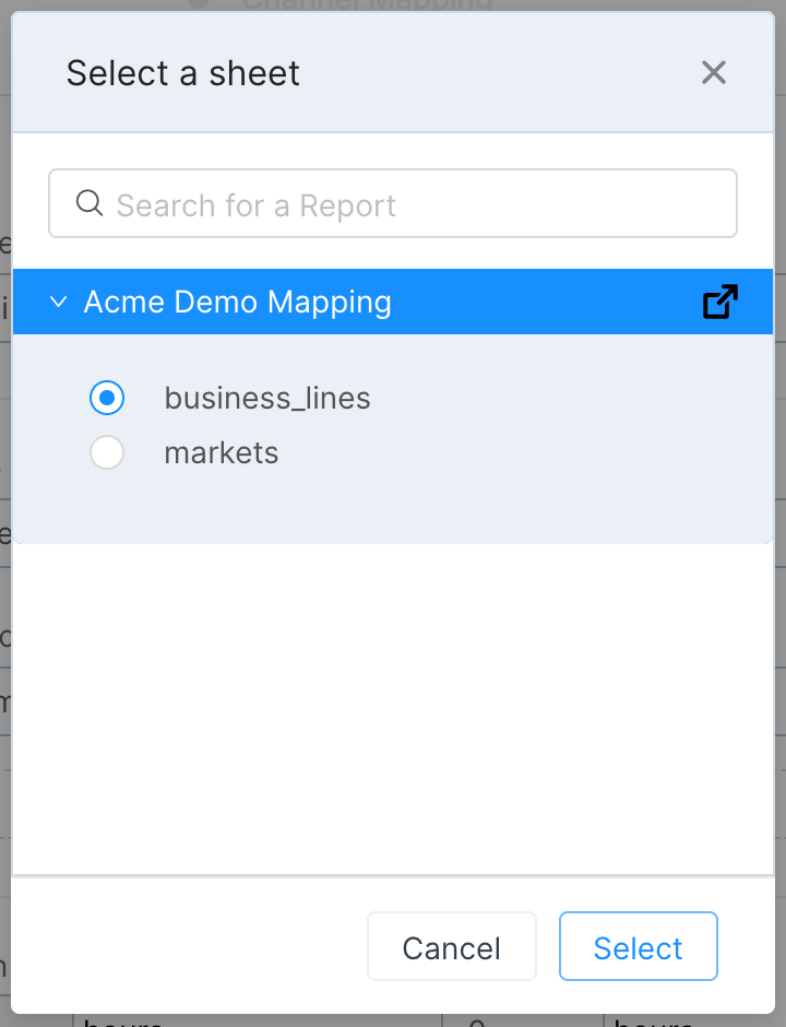 Select a sheet window with the Acme Demo Mapping spreadsheet expanded and the business_lines tab selected