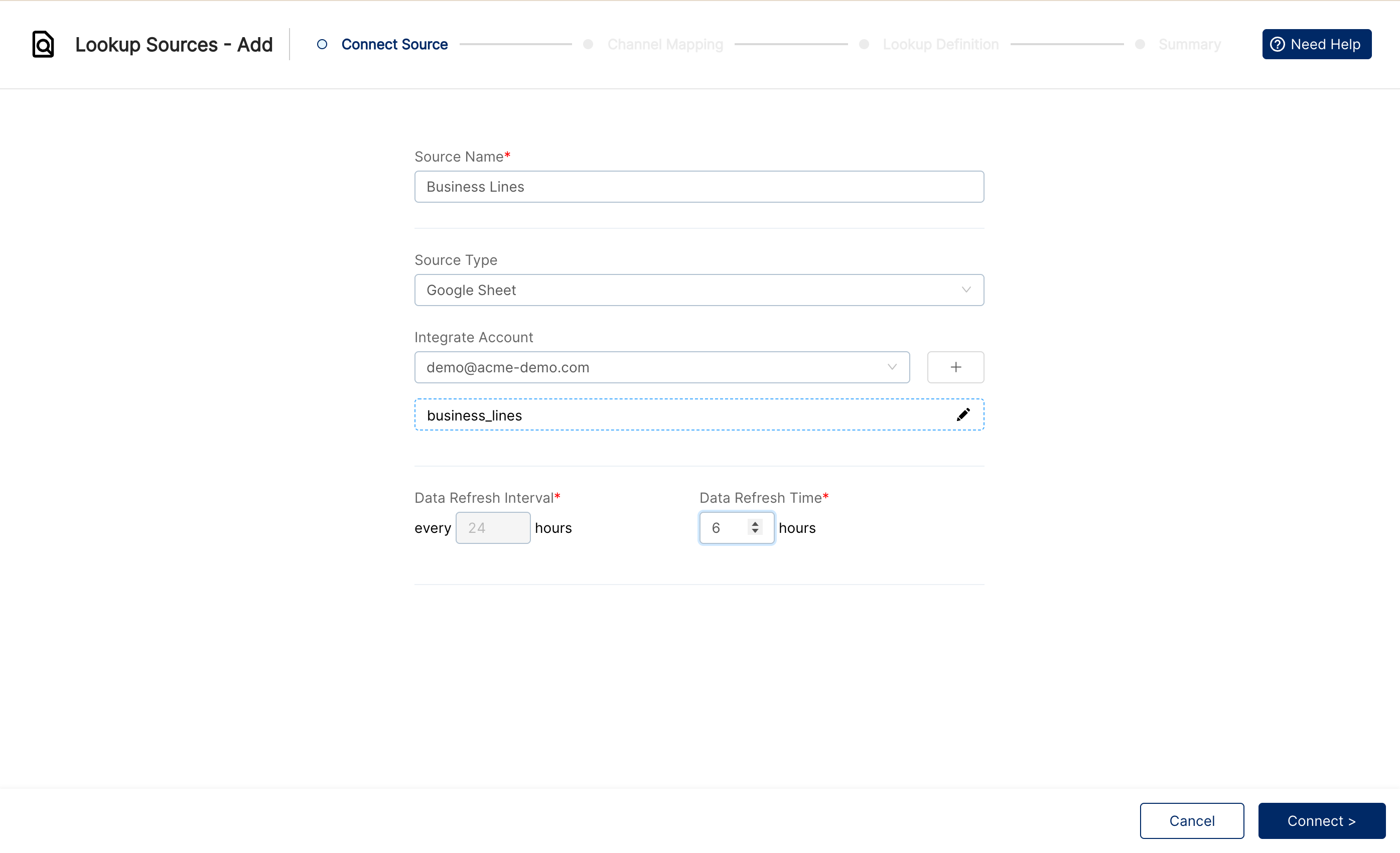 Connect Source step with source name, Google Sheet source type, Google account, selected worksheet and daily refresh time