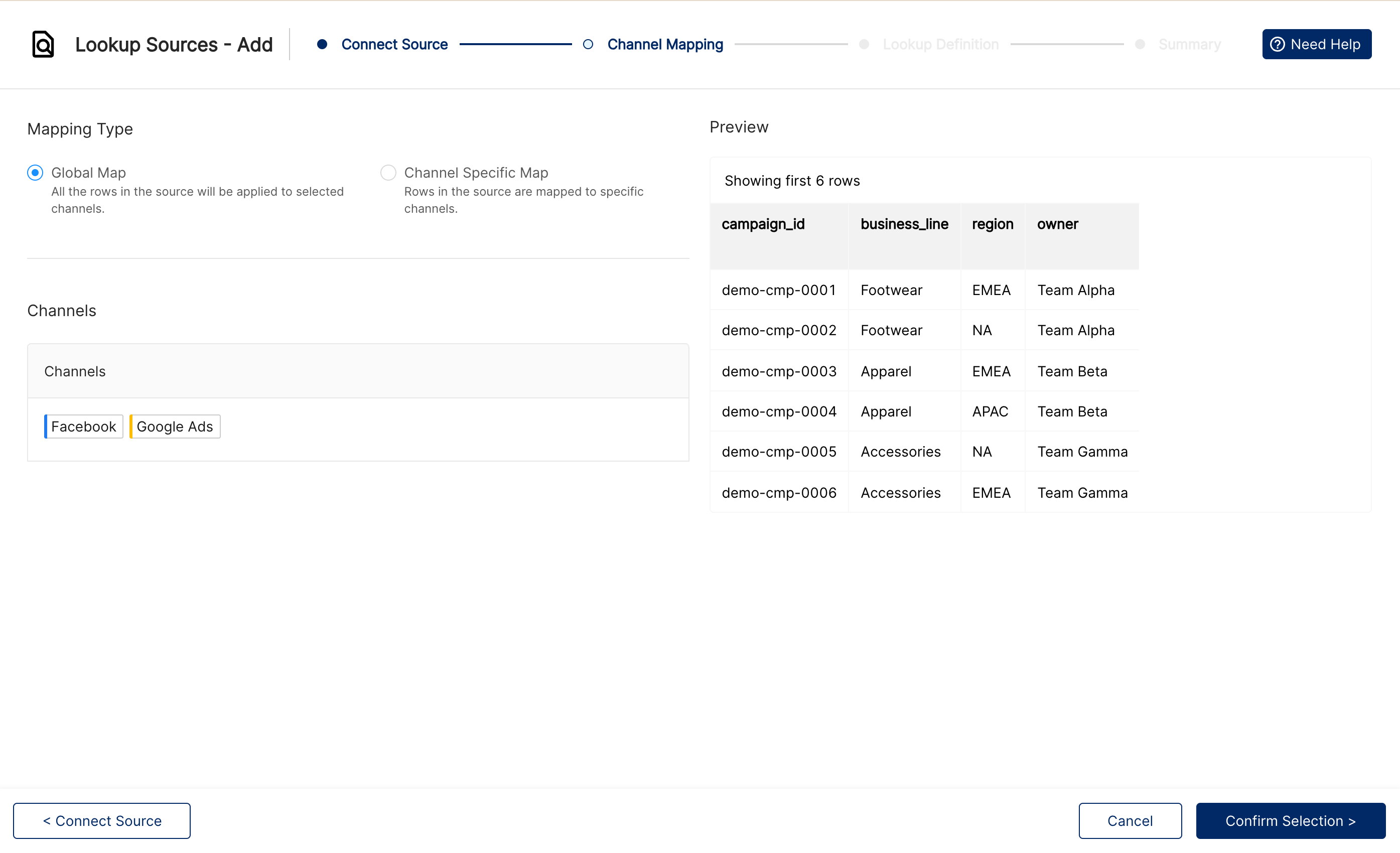 Channel Mapping step with Global Map selected, Facebook and Google Ads chosen and a preview of the sheet