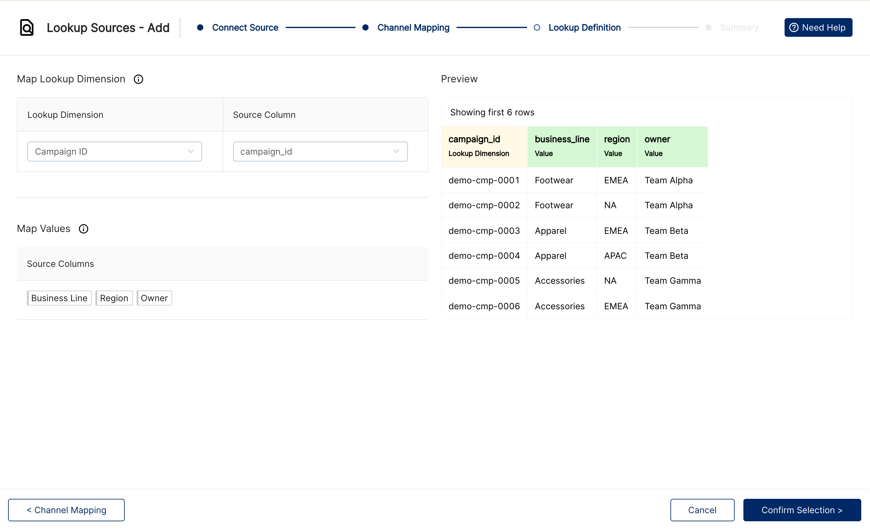 Lookup Definition step mapping Campaign ID to the campaign_id column with business_line, region and owner as value columns