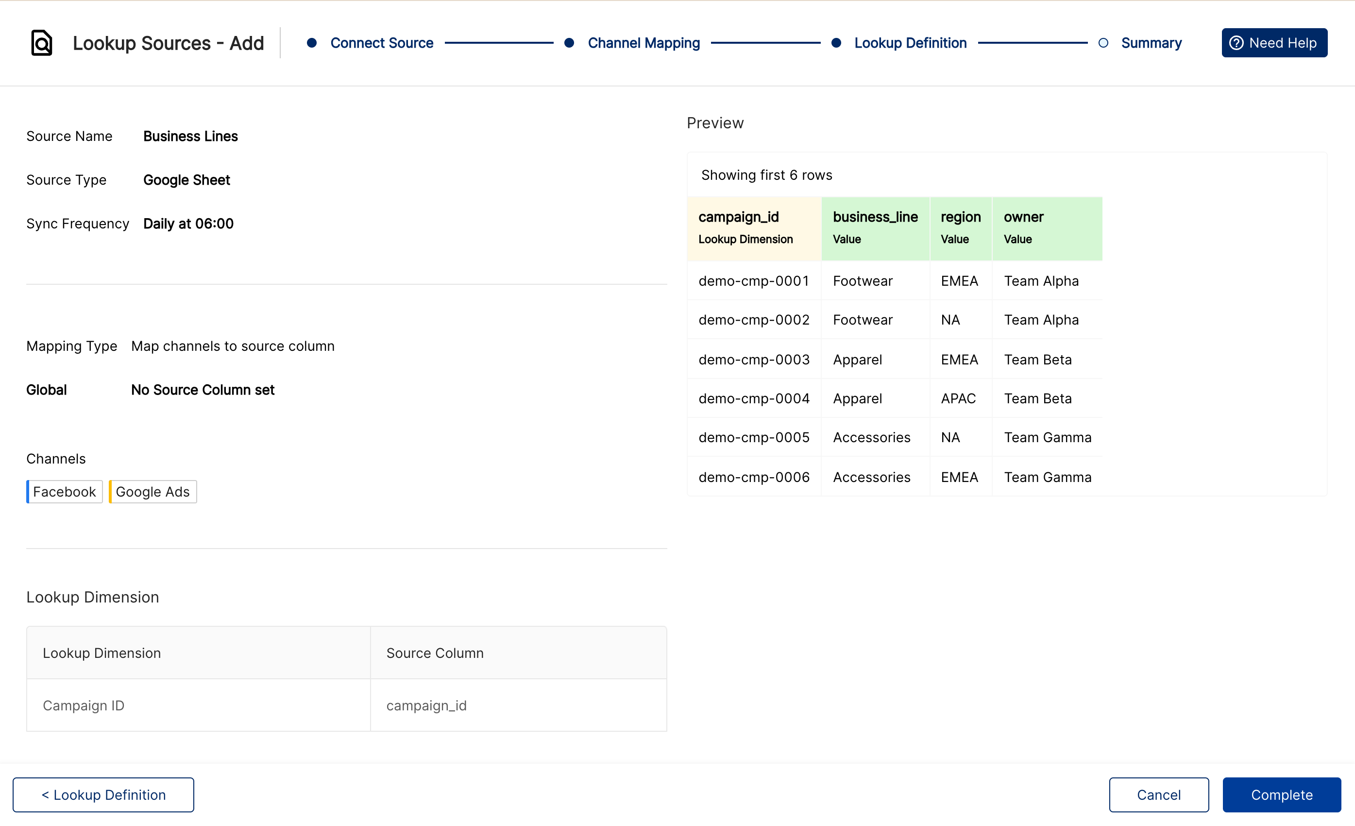 Summary step showing the source name, Google Sheet type, daily sync, global mapping, channels and lookup dimension