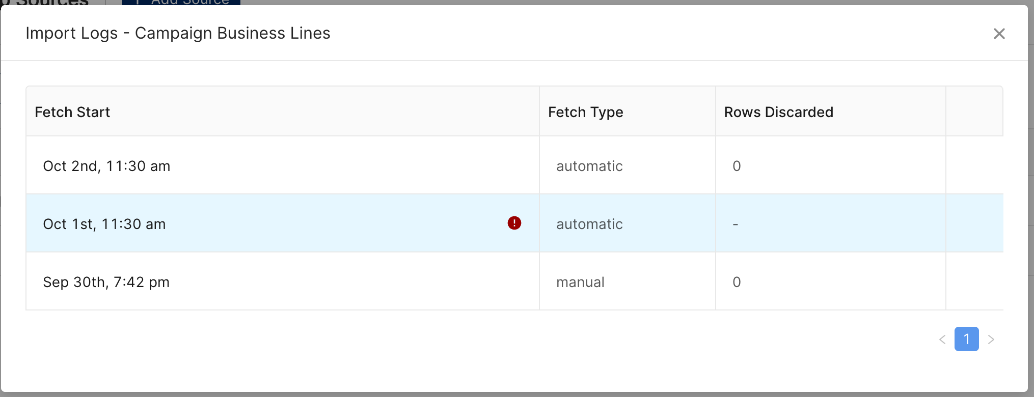 Import Logs window listing automatic and manual imports, with an error icon on a failed import