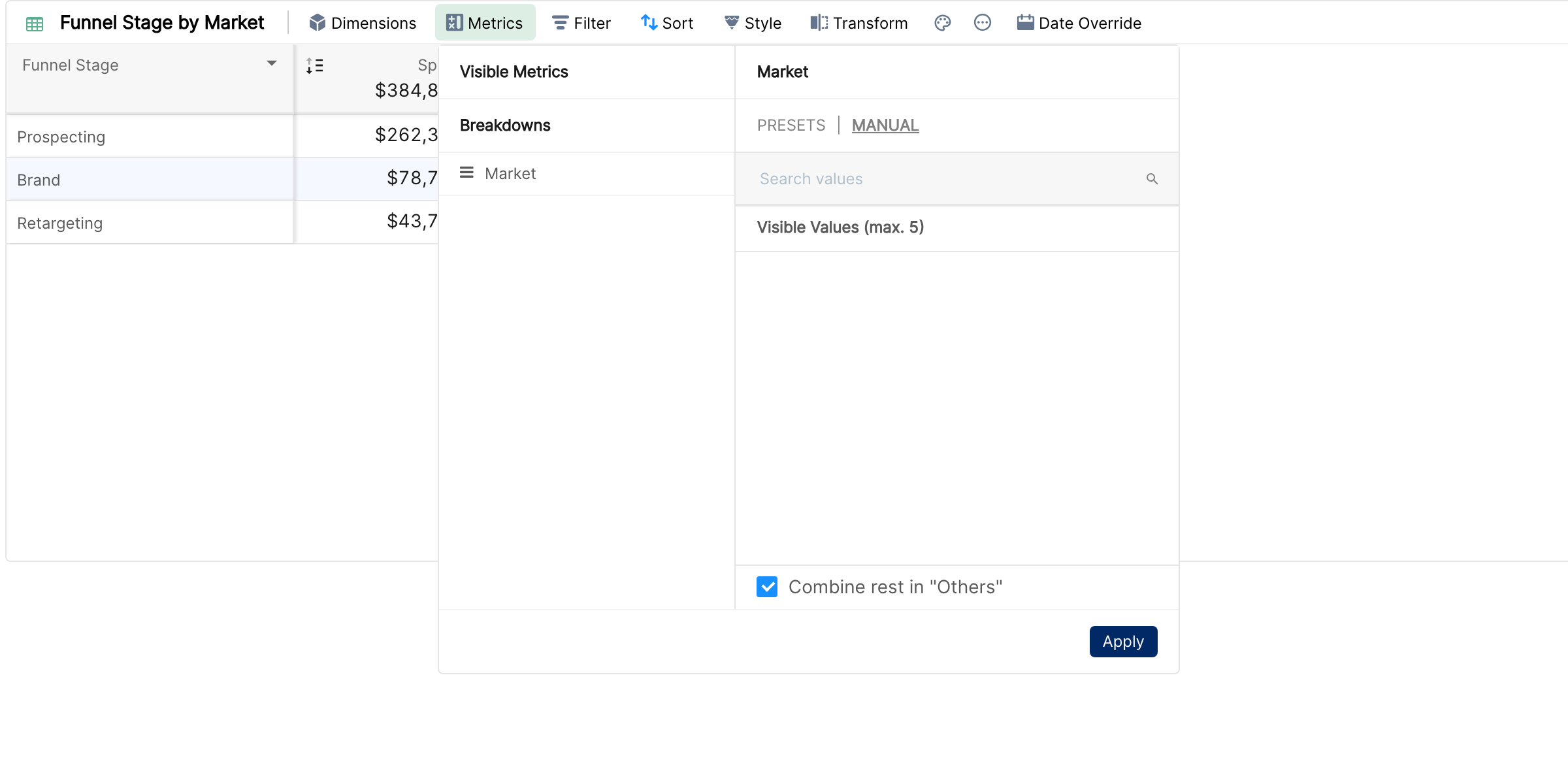 Manual tab of a metric breakdown with a value search and Visible Values (max. 5)