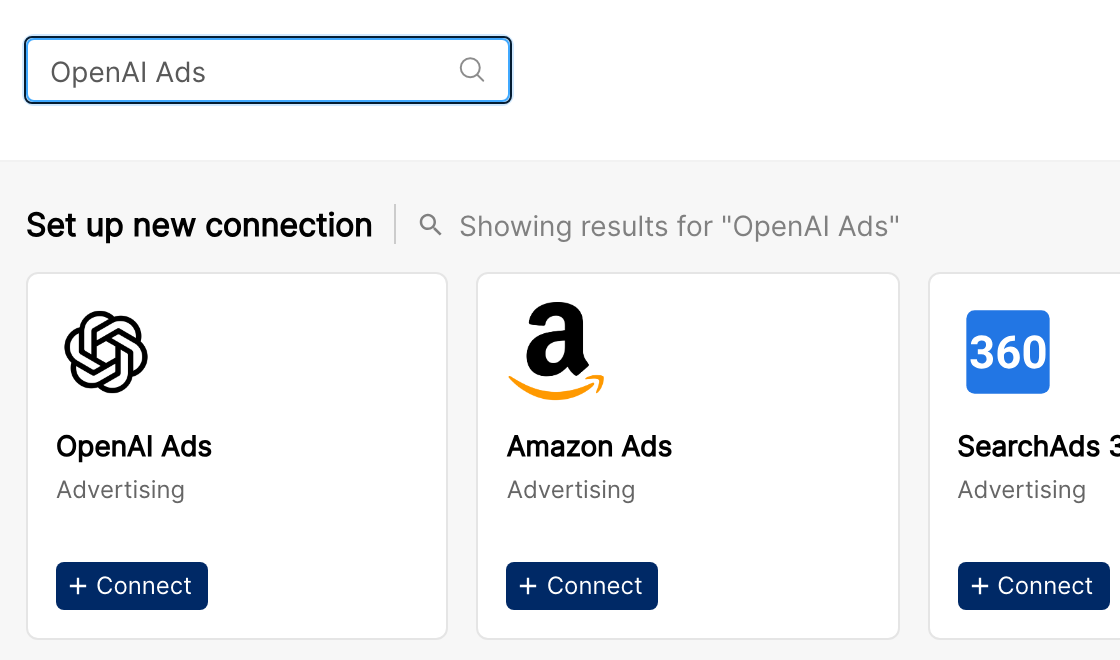 The OpenAI Ads card under Set up new connection on the Integrations page, with its + Connect button
