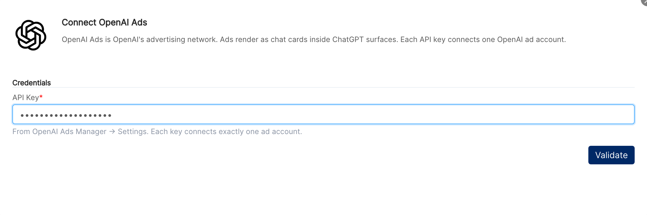 The Connect OpenAI Ads window with the API Key field filled in and the Validate button