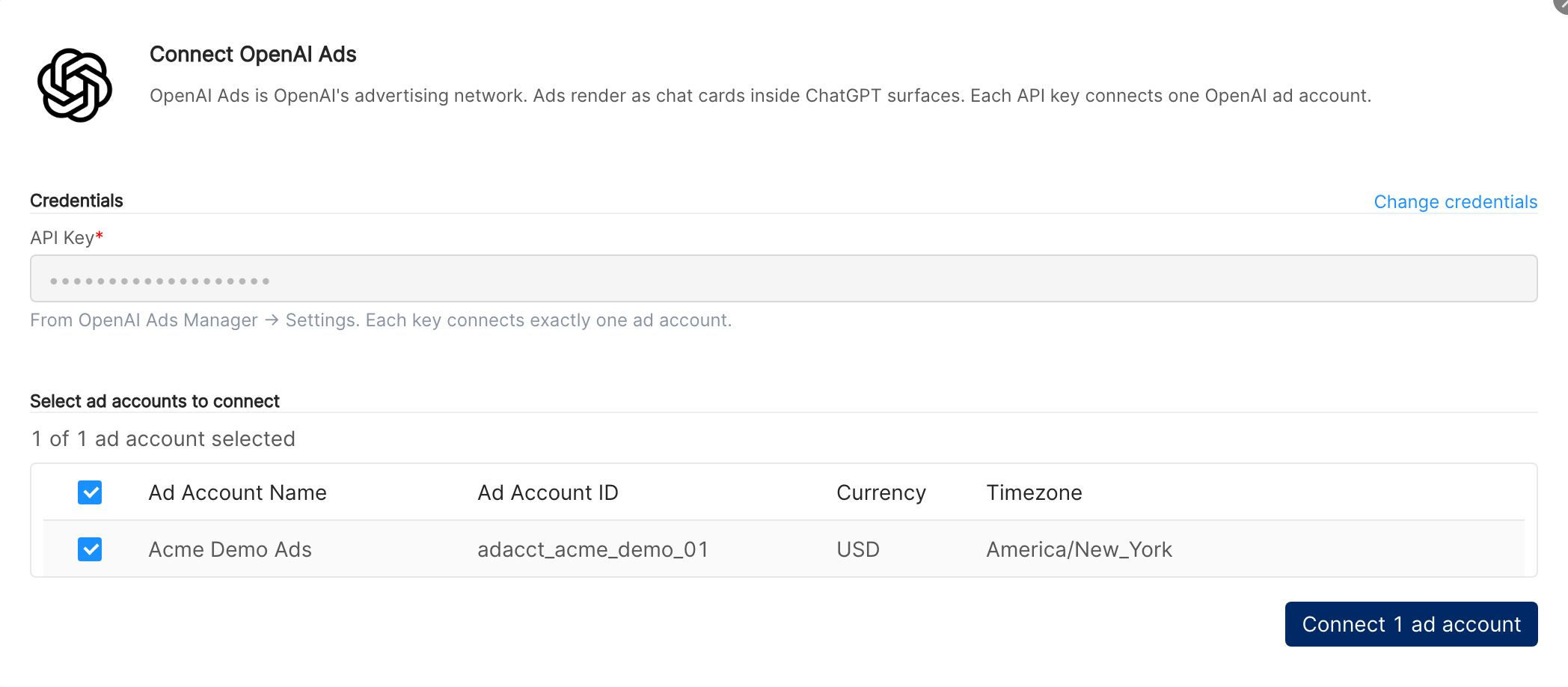 The Select ad accounts to connect table showing the demo ad account with its ID, currency and timezone, and the Connect 1 ad account button