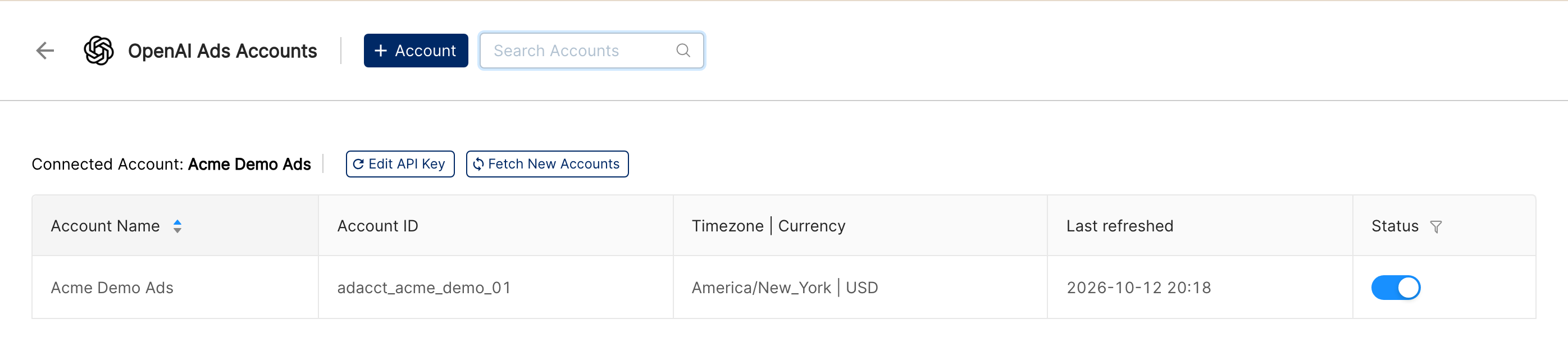 The OpenAI Ads Accounts page with one connected demo ad account and the Edit API Key and Fetch New Accounts buttons