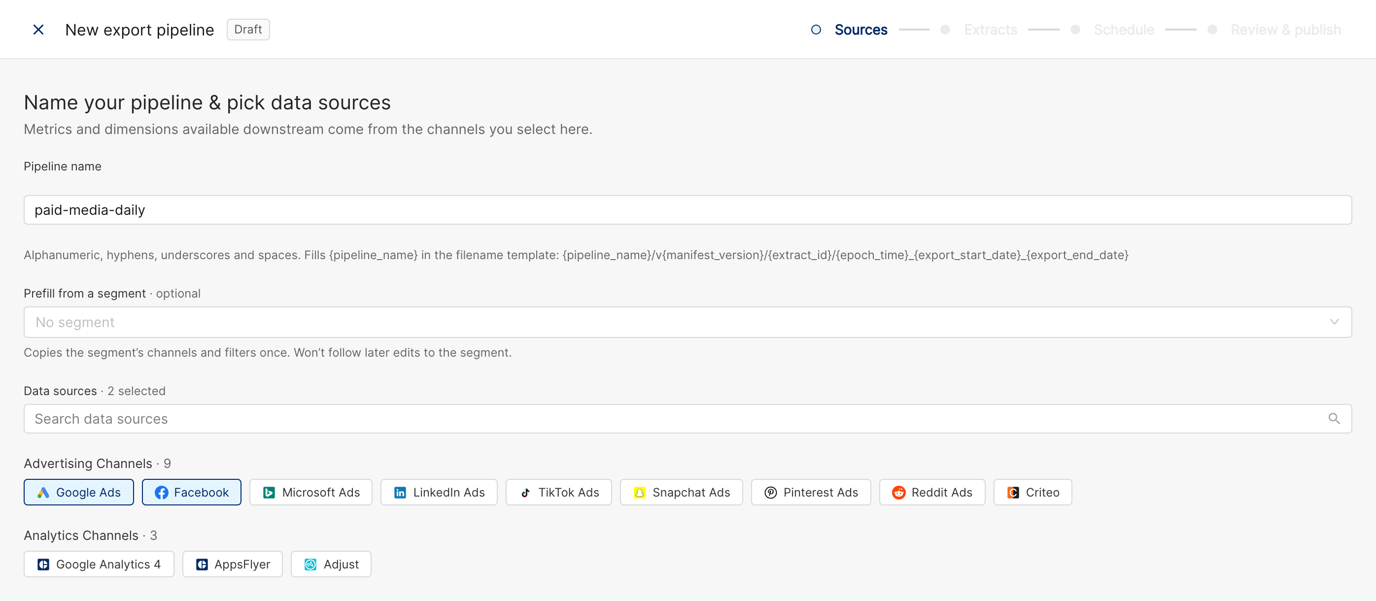 The Sources step of the wizard with a pipeline name and the searchable data source picker