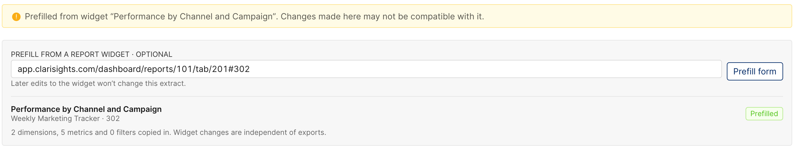 The Prefill from a report widget bar in the extract editor with a widget link pasted in