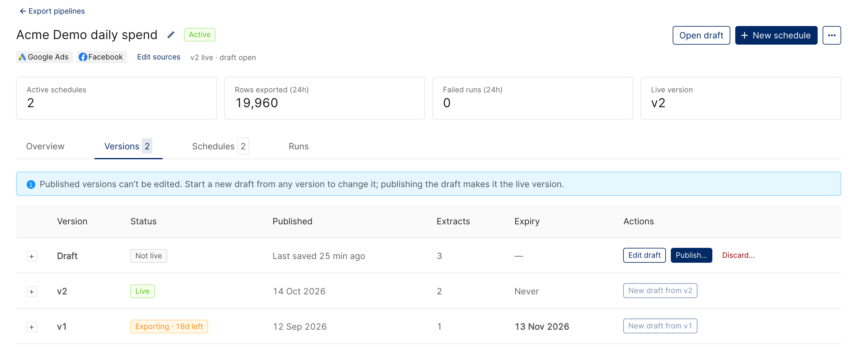 The Versions tab with v2 live and v1 still exporting during its 30-day window