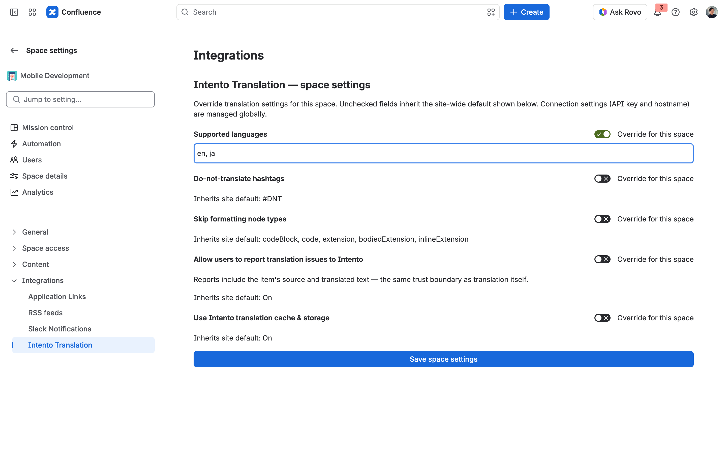 Space settings with the language list overridden for this space