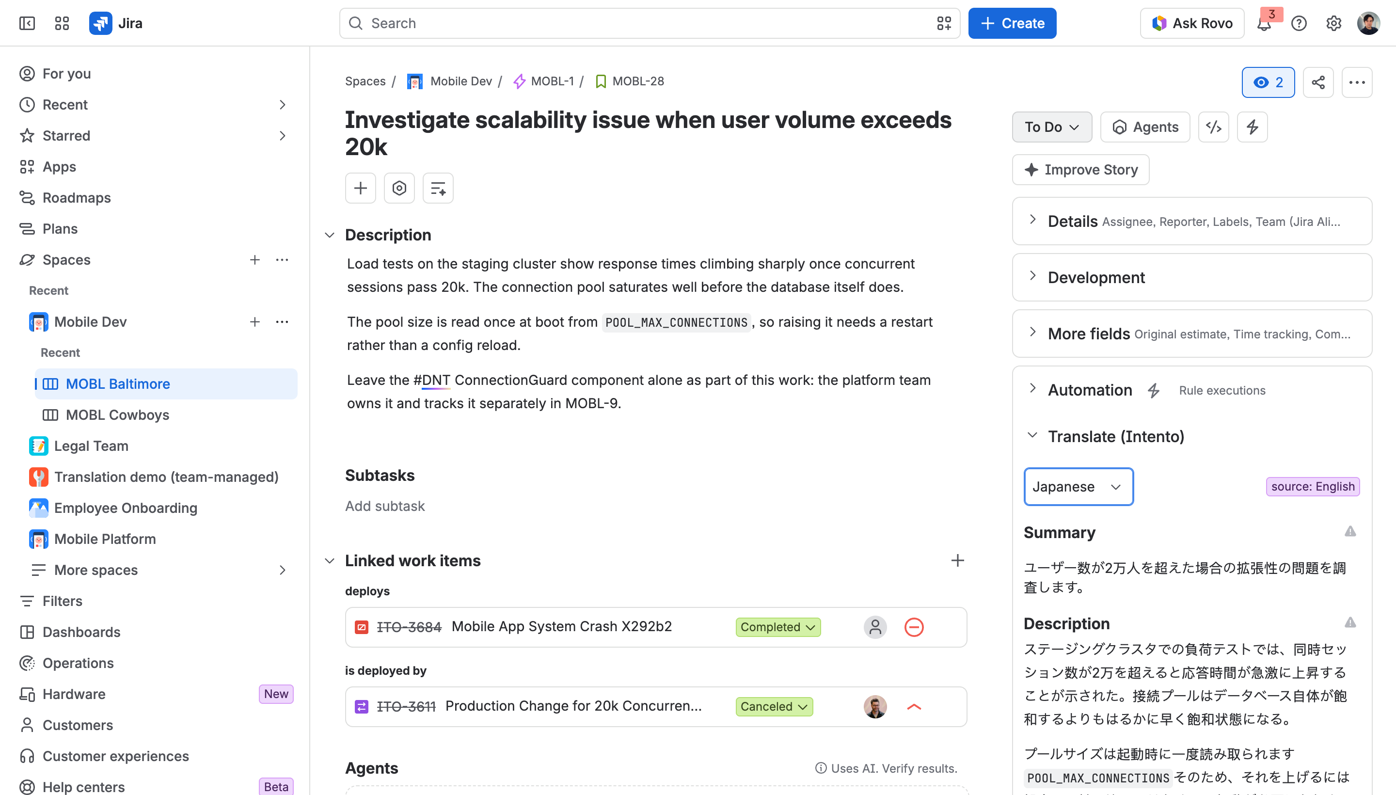 The Translate panel showing an issue translated into Japanese