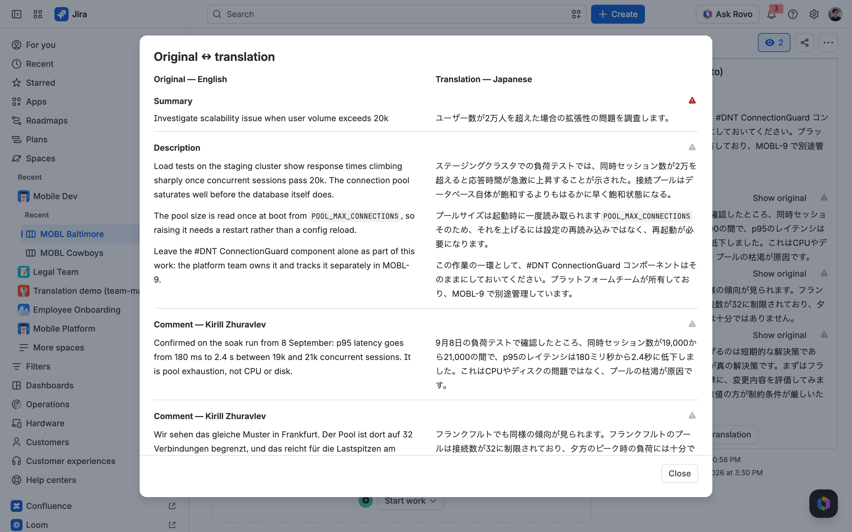 Compare view — original and translation side by side, row by row