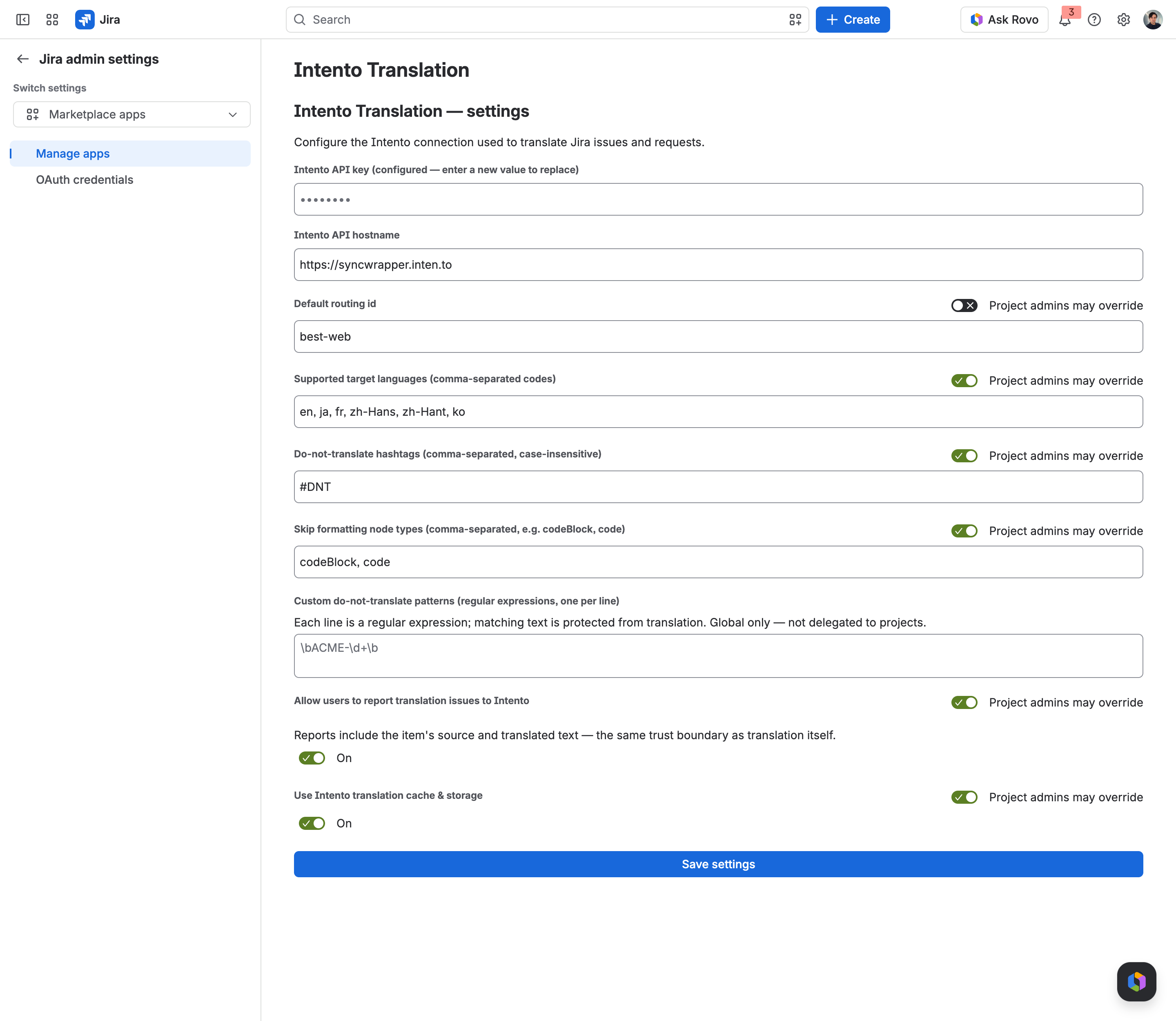 The global admin configuration page