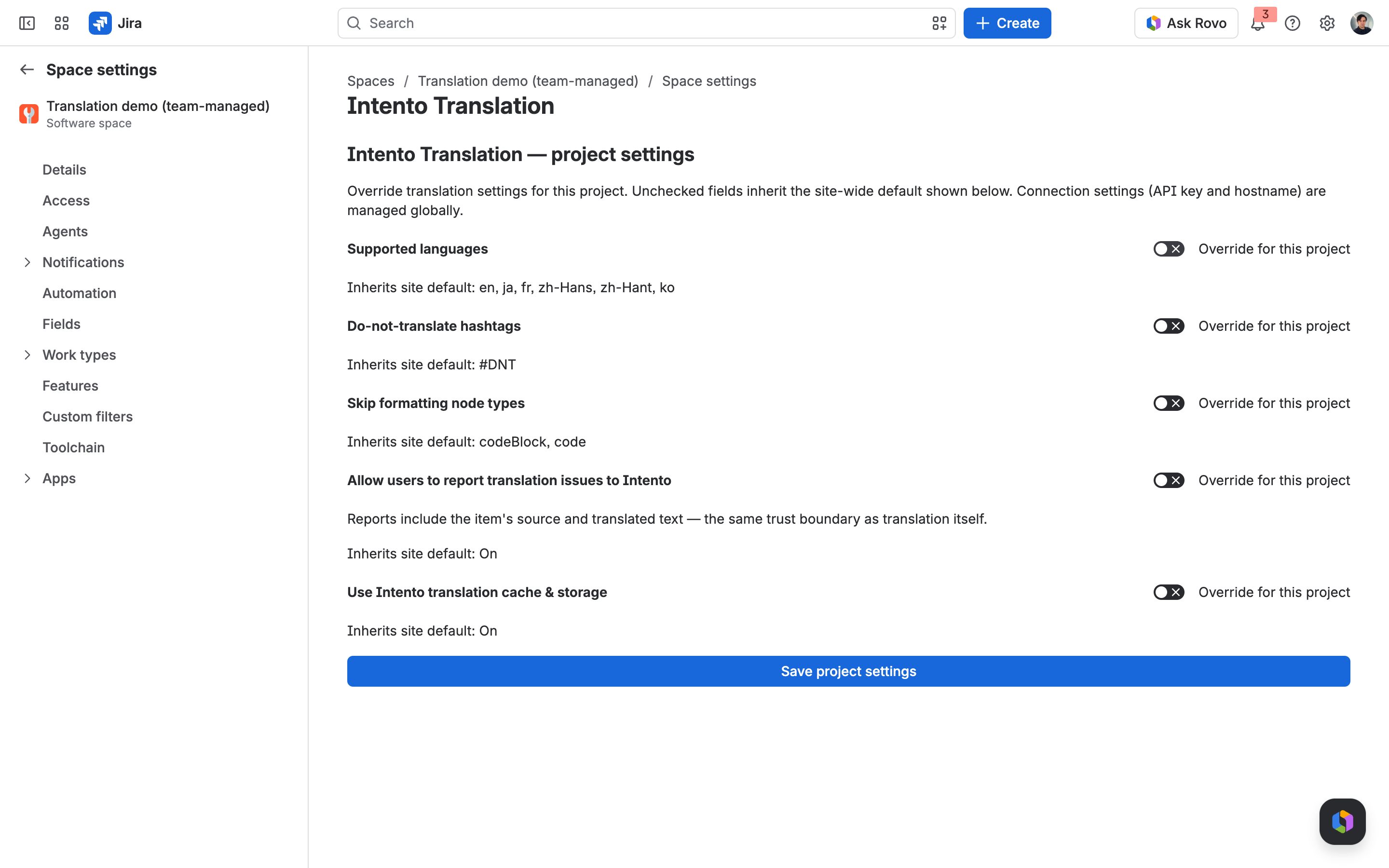 Project settings inheriting all site defaults