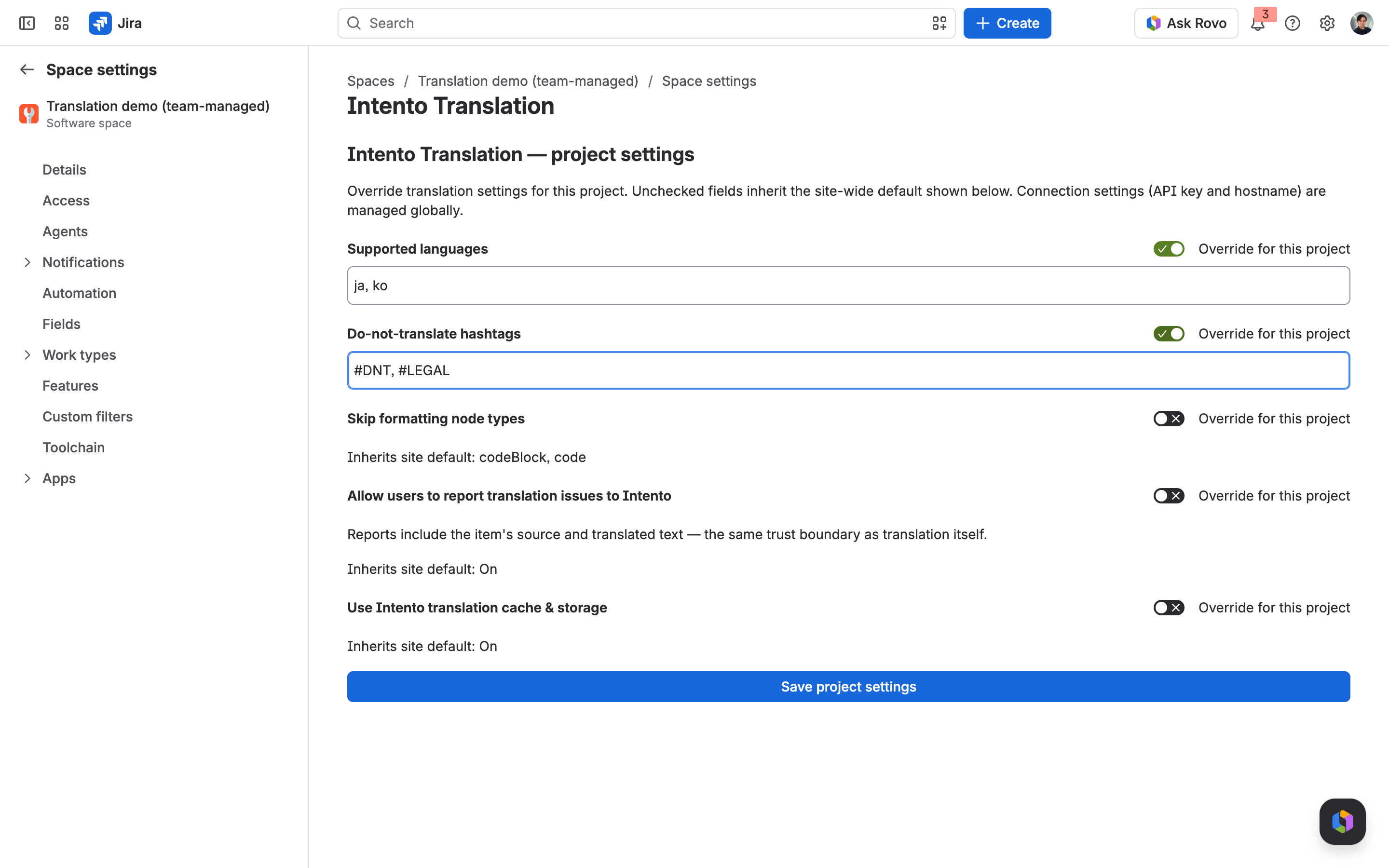 Project settings with some values overridden for the project