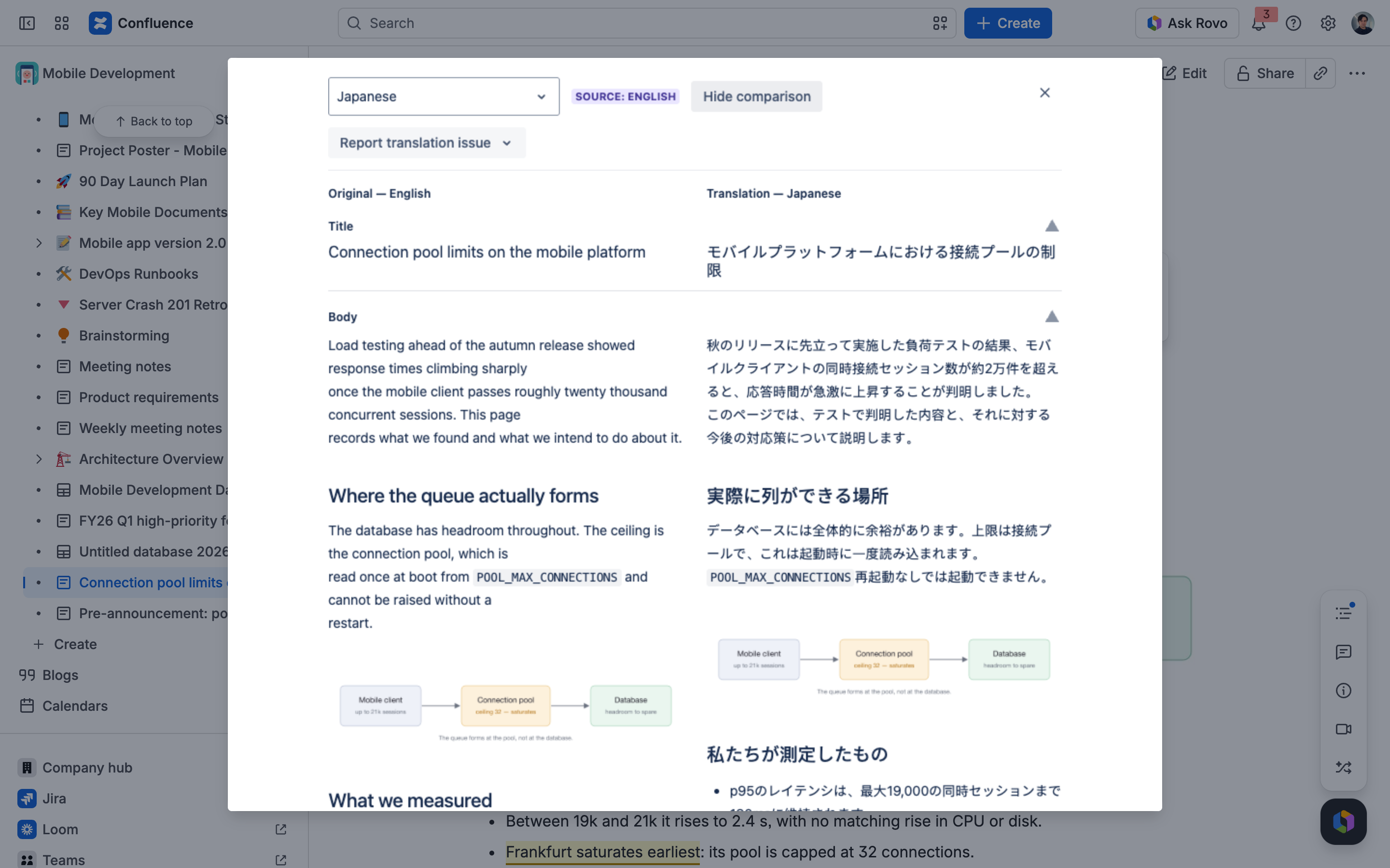 Compare view — original and translation side by side, row by row