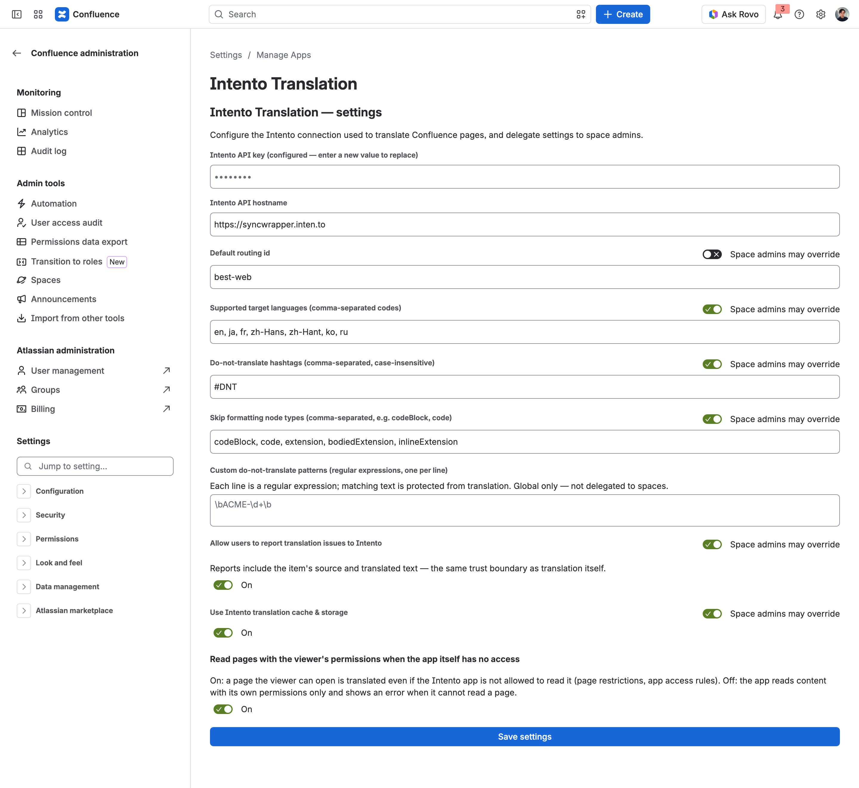 The global admin configuration page