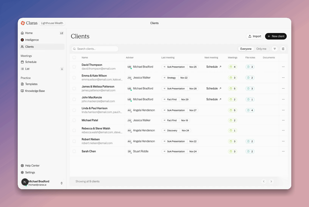 Filtering the clients list by adviser