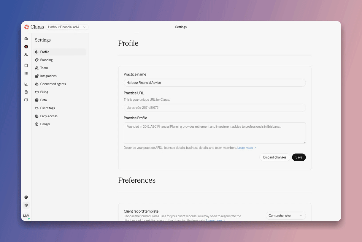 Opening Connected agents in Claras settings and the practice access switch
