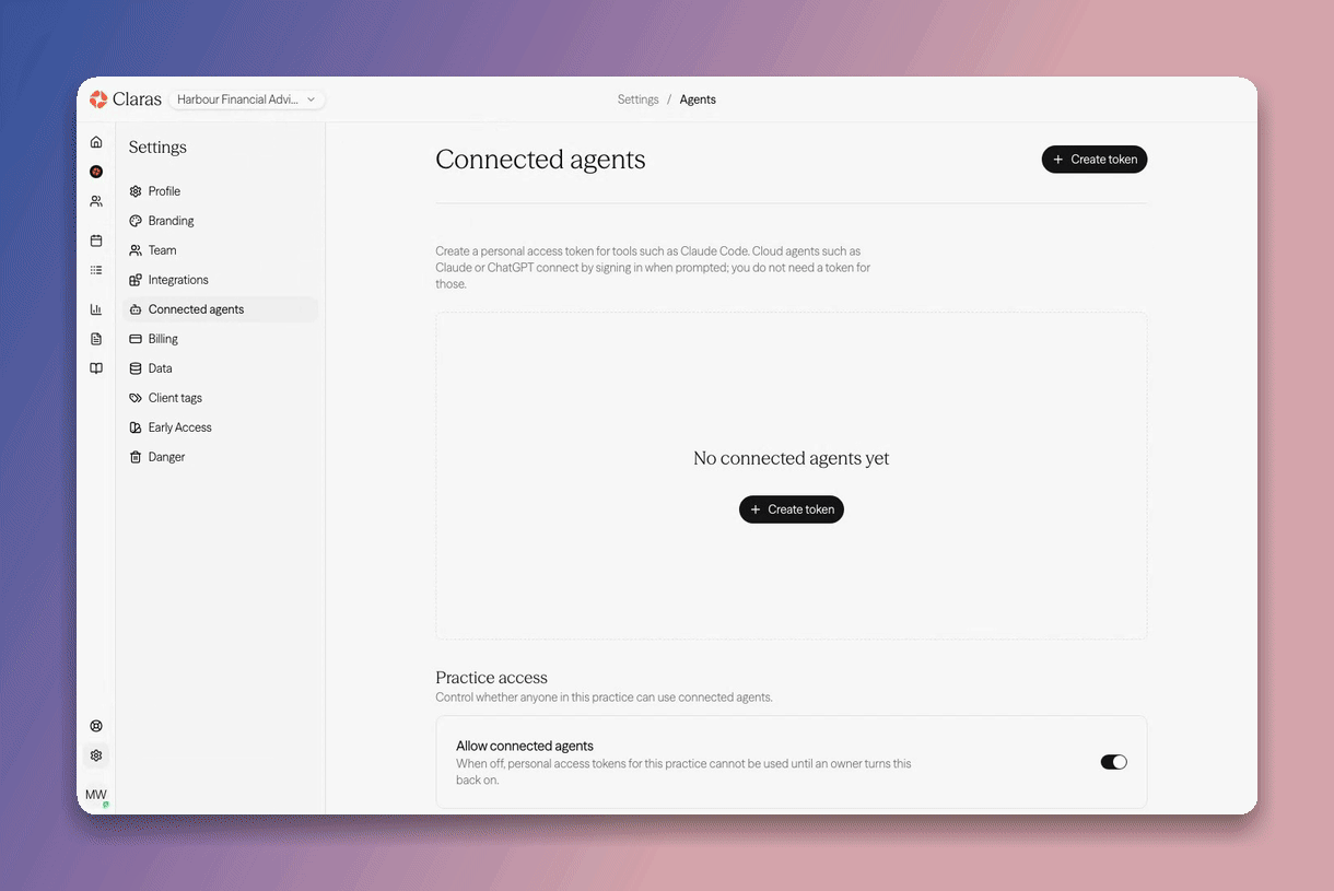 Creating a personal access token in Claras and copying it once