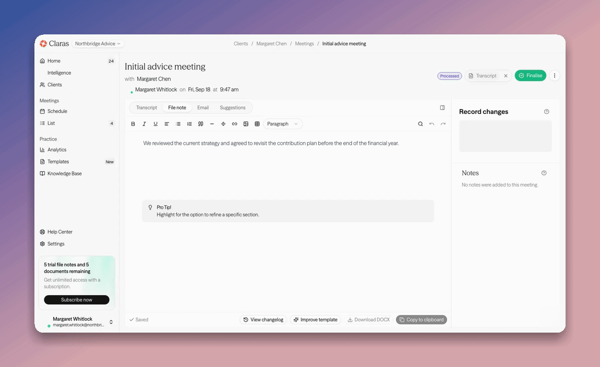 Finalising a file note, then the client card reporting the send to Xplan