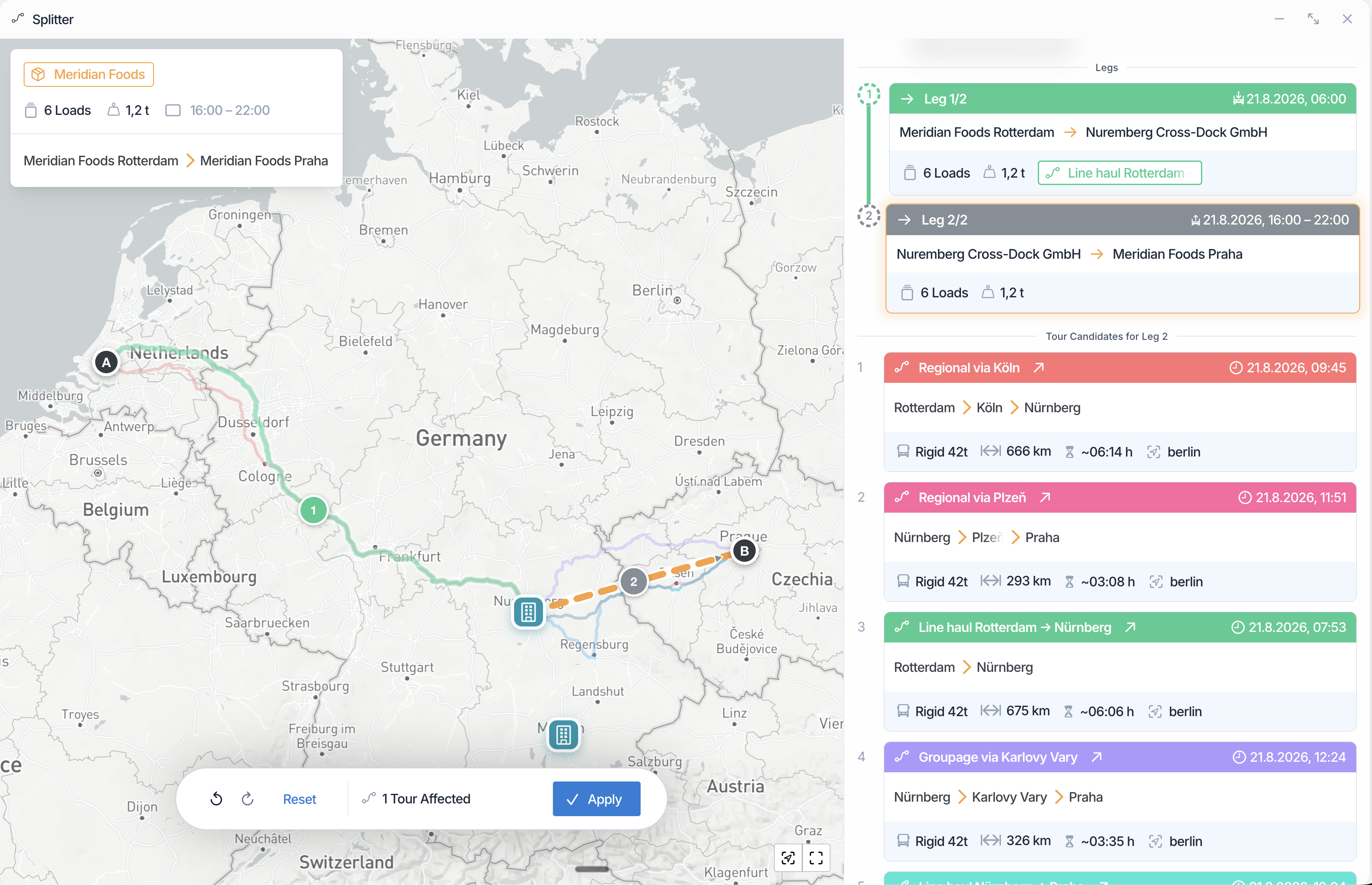 A shipment from Rotterdam to Praha, split at the Nürnberg cross-dock. Leg 1 is on a tour. Leg 2 is selected, and its candidates are listed.