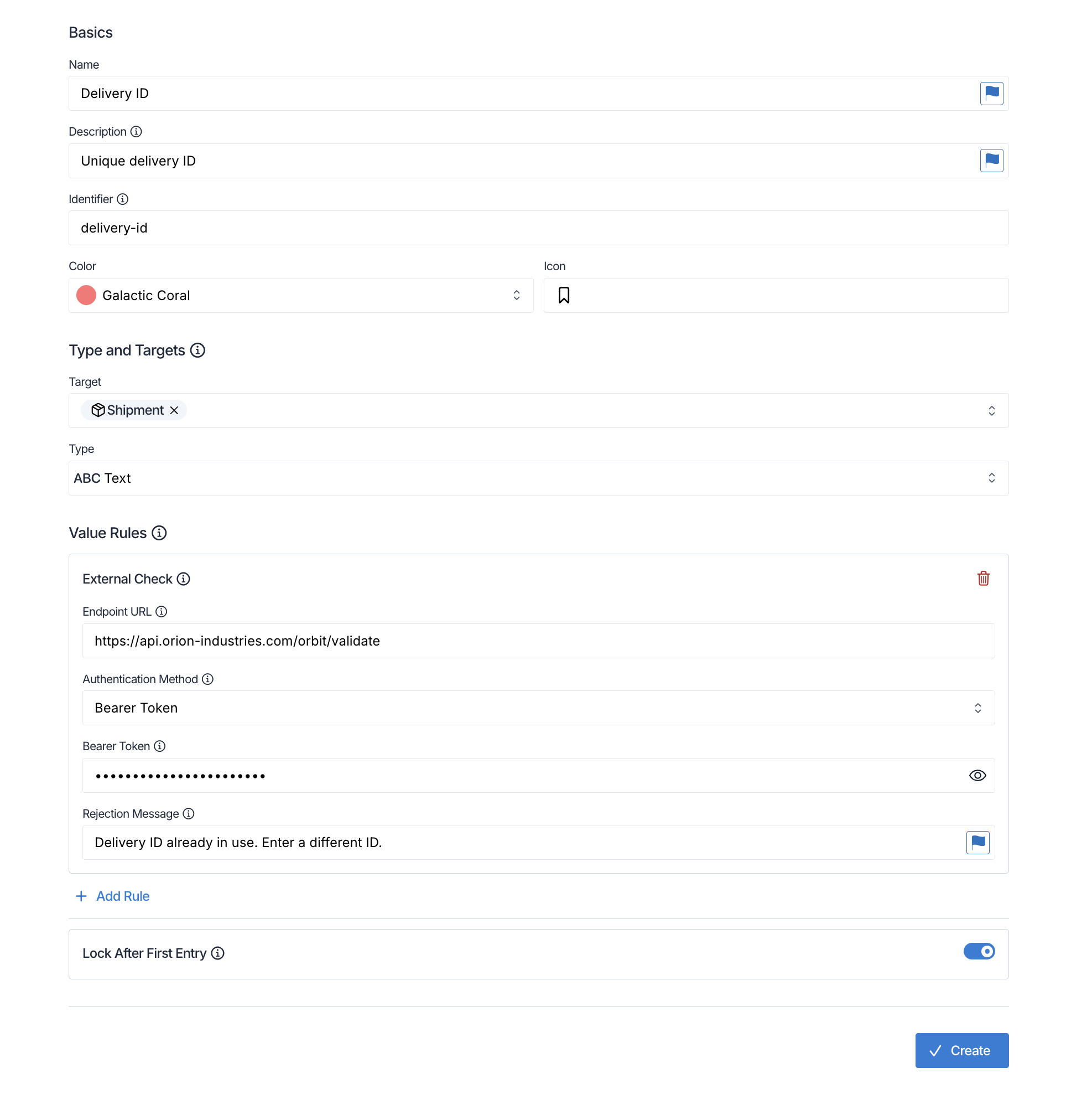 The rules editor for a property, showing an External Check card with an endpoint URL, Bearer Token authentication and a rejection message, and the Lock After First Entry toggle switched on.