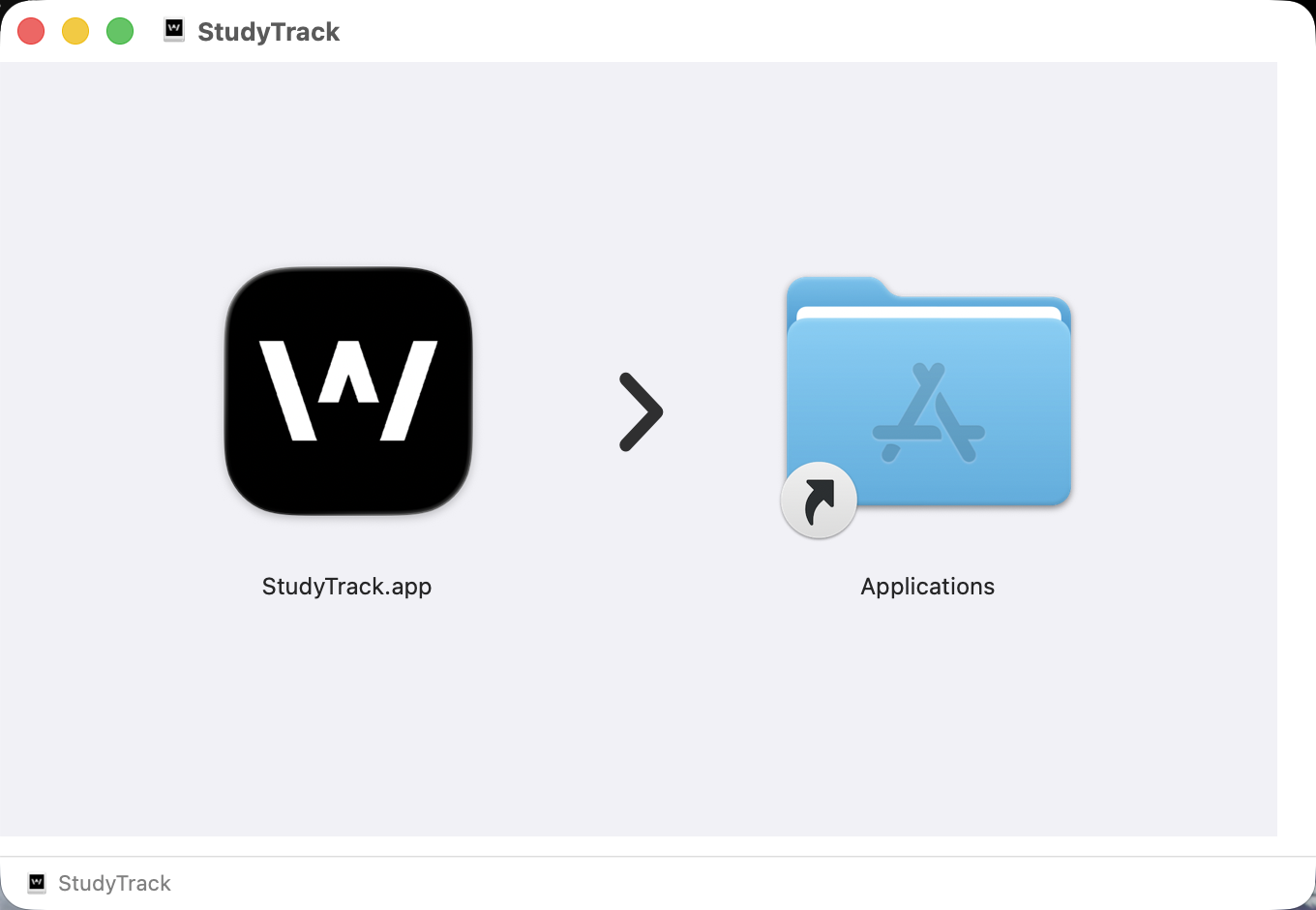 The StudyTrack disk image window, showing the StudyTrack app icon, an arrow, and the Applications folder
