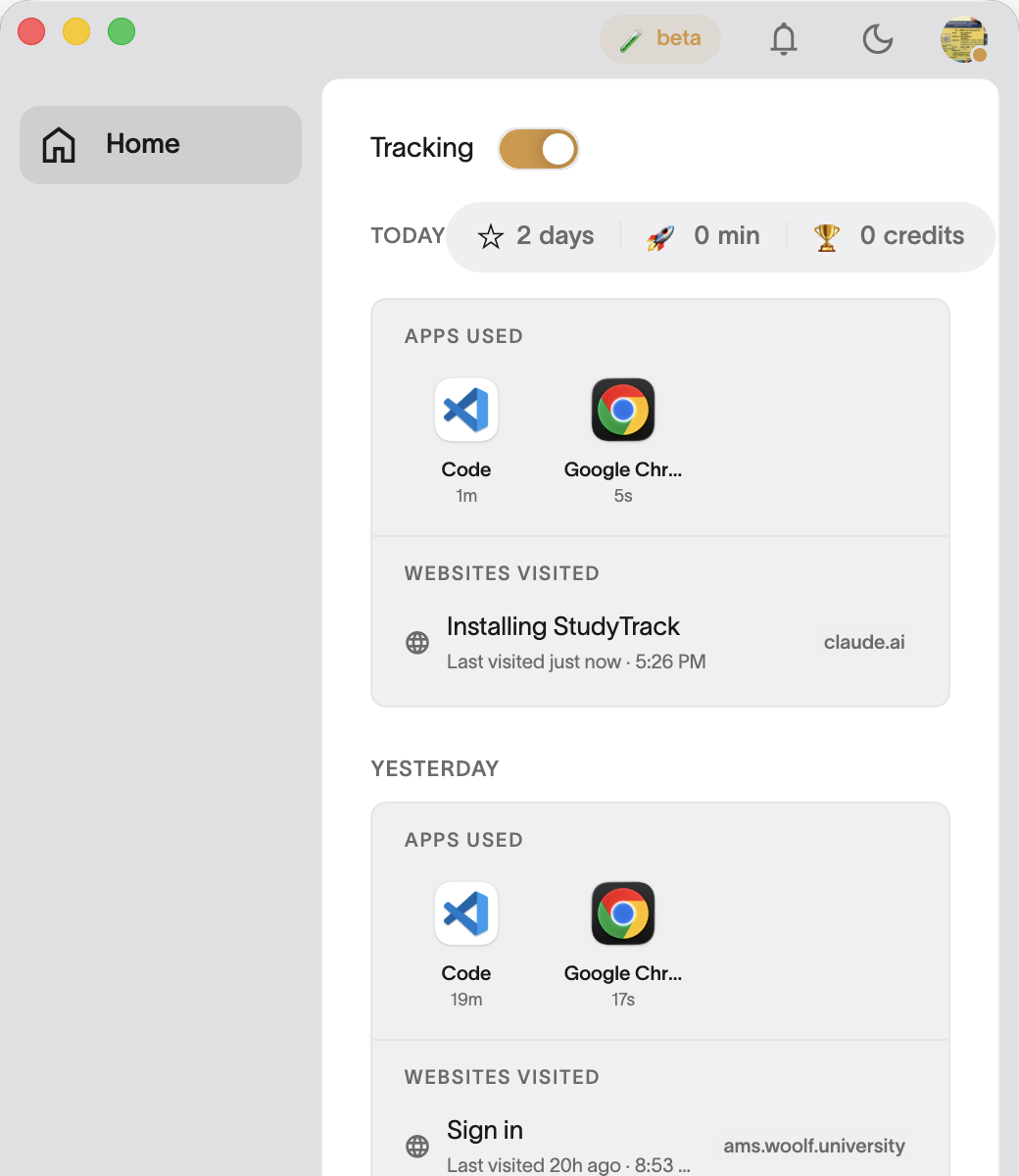 The StudyTrack app showing tracking switched on, a streak counter, and the apps and websites recorded today and yesterday