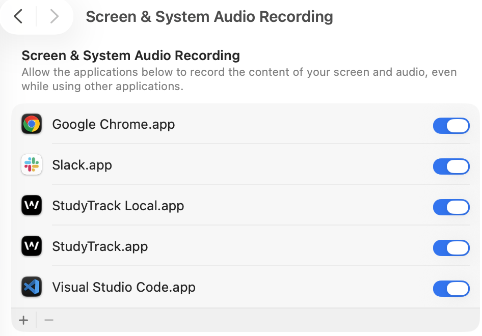 System Settings showing the Screen and System Audio Recording list with StudyTrack.app switched on